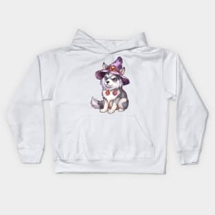 Watercolor Siberian Husky Dog in Witch Hat Kids Hoodie